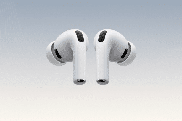 A pair of white wireless earbuds against a soft gradient background with subtle wave patterns. Filename : white wirelessear budsprofessional .png