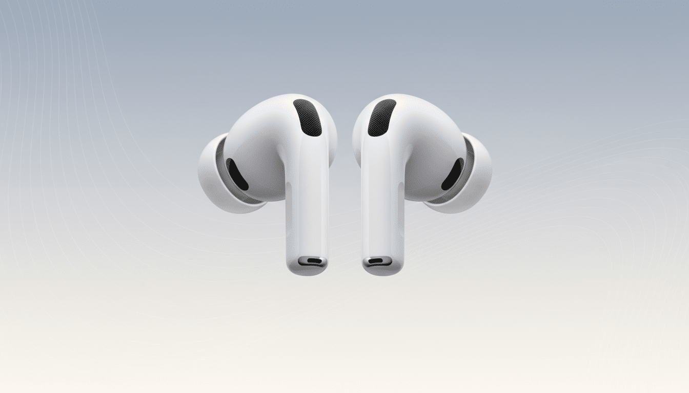 A pair of white wireless earbuds against a soft gradient background with subtle wave patterns. Filename : white wirelessear budsprofessional .png