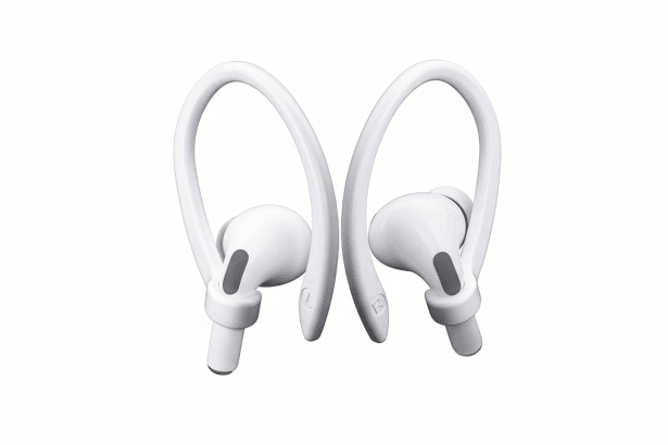 A pair of white wireless sports earphones with over -ear hooks, presented on a clean white background.