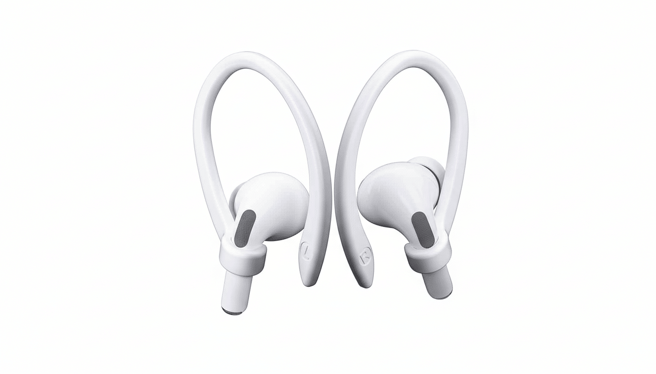 A pair of white wireless sports earphones with over -ear hooks, presented on a clean white background.