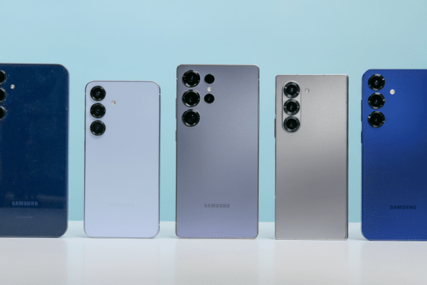 ** Five Samsung smartphones in various shades of blue and gray are displayed in a row against a light blue background . **Filename :** samsungsmart phonesline up. png