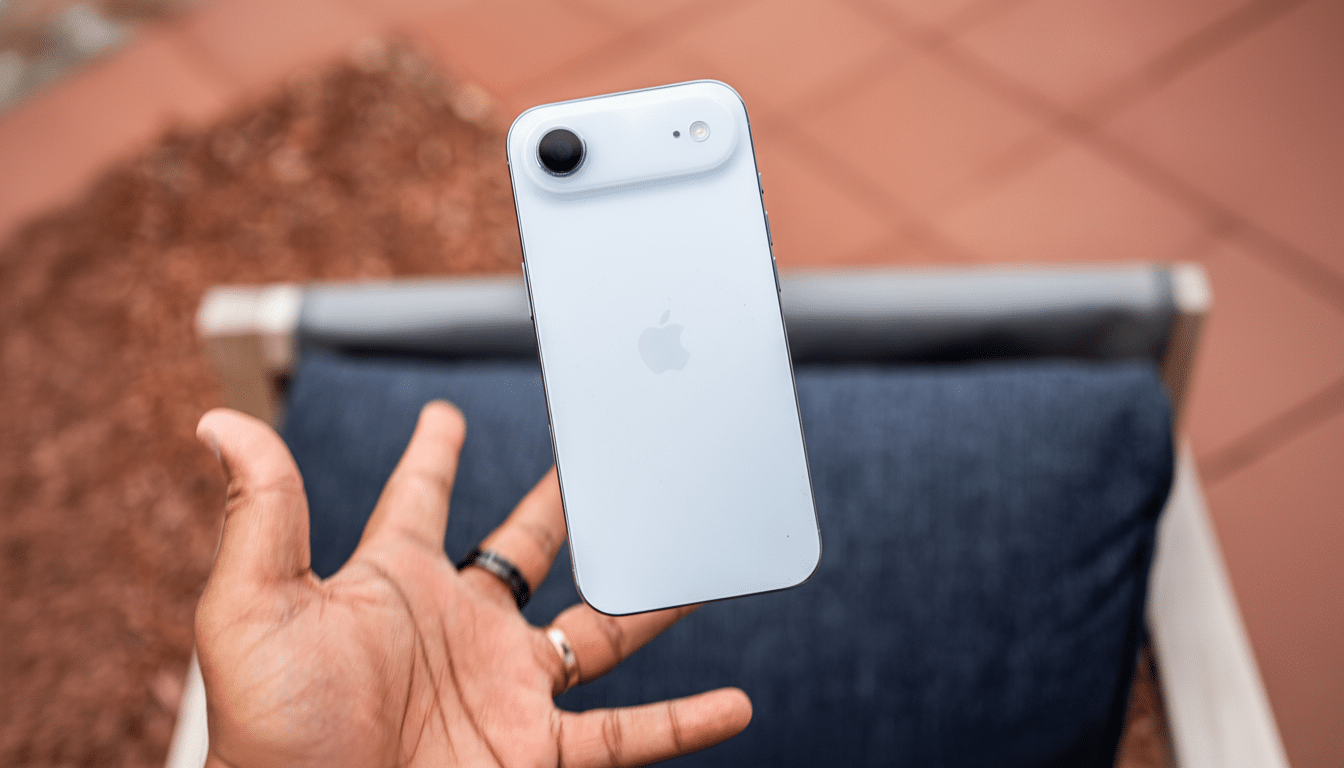 A hand holding a white iPhone with a single camera lens and an Apple logo on the back , against a blurred outdoor background.