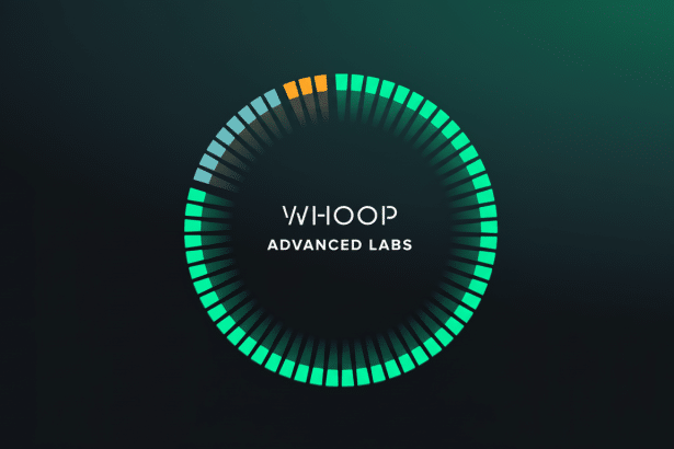 The WHOOP ADV ANCED LABS logo, white text centered on a dark green gradient background, encircled by a graphic ring of green and blue segments with a