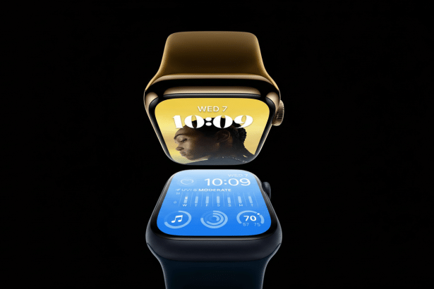 Two Apple Watches, one gold and one dark blue, are displayed vertically against a black background. The gold watch, positioned at the top, shows a wom