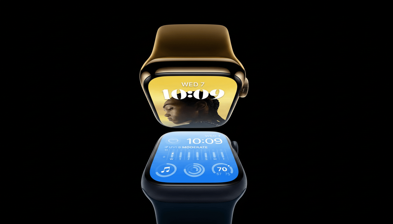 Two Apple Watches, one gold and one dark blue, are displayed vertically against a black background. The gold watch, positioned at the top, shows a wom