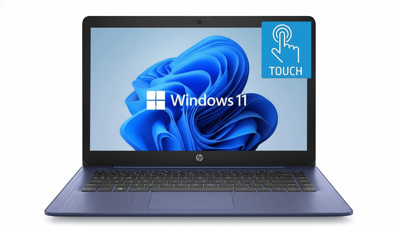 A blue HP laptop with Windows 11 displayed on the screen and a TOUCH icon in the upper right corner.