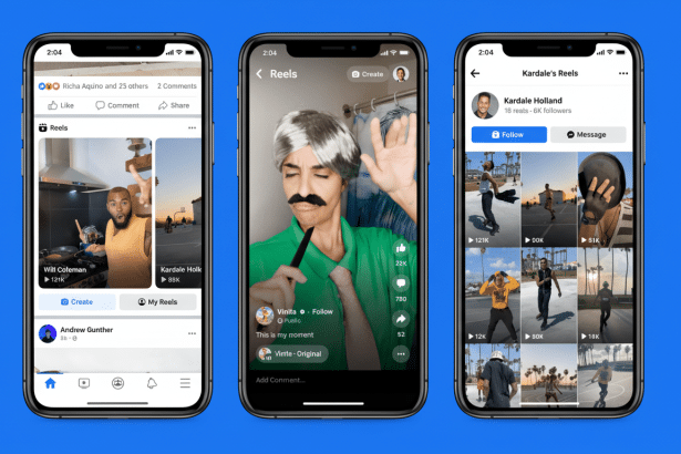 A 16:9 aspect ratio image showing three iPhones displaying Facebook Reels content . The left phone shows a feed with a video of a man cooking . The middle phone displays a full -screen Reel of a person in a wig and fake mustache. The right phone shows a profile page with a collection of Reels.
