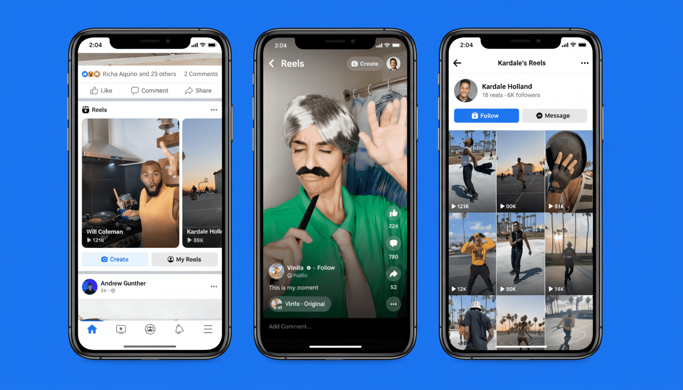 A 16:9 aspect ratio image showing three iPhones displaying Facebook Reels content . The left phone shows a feed with a video of a man cooking . The middle phone displays a full -screen Reel of a person in a wig and fake mustache. The right phone shows a profile page with a collection of Reels.