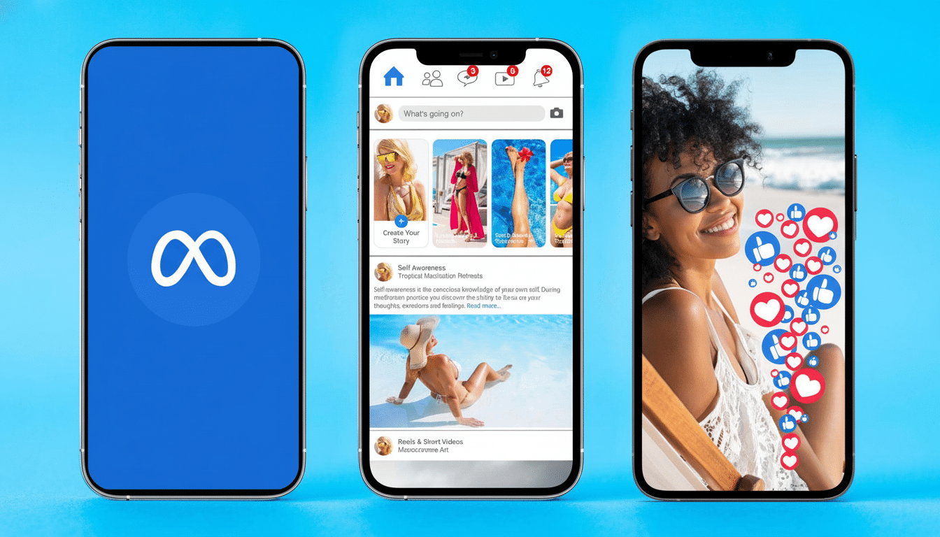 Three smartphones displayed against a blue background . The left phone shows the Meta logo, the middle phone displays a social media feed , and the right phone shows a smiling woman with multiple heart and like icons floating around her face .