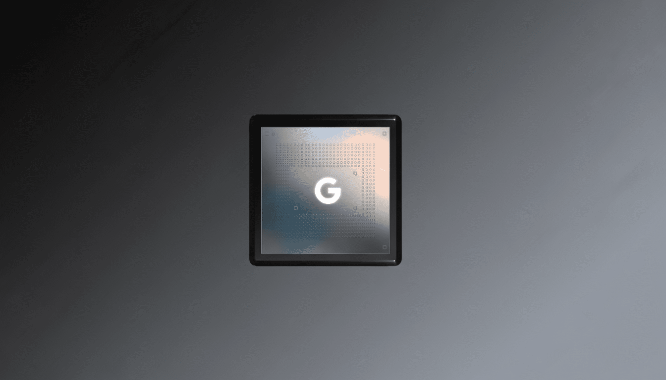 A Google Tensor chip with a G logo, set against a professional gradient background.