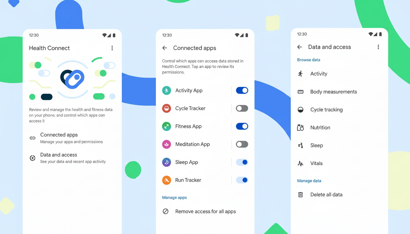 A 16: 9 aspect ratio image showing three mobile phone screens displaying the Health Connect app interface, including screens for Connected apps and Da