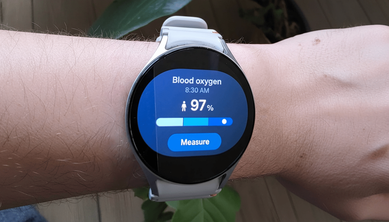 A smartwatch on a person's wrist displays a blood oxygen reading of 97 %.