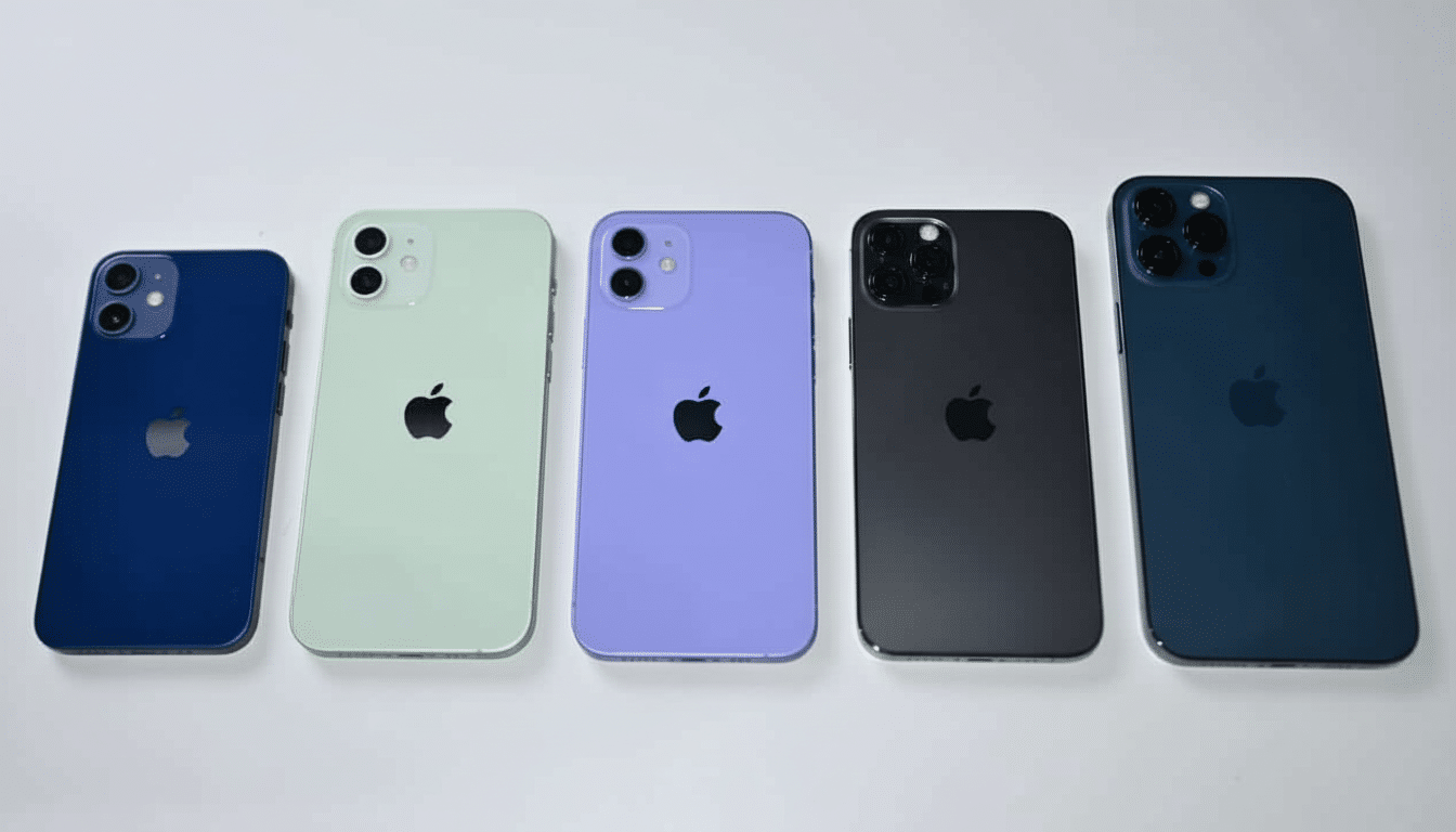 Five iPhones in various colors ( blue, light green, purple, black, and dark blue) arranged in a line on a white surface, showcasing their rear designs