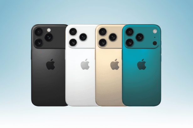 Four Apple iPhones, in black, white, gold, and teal, are arranged in a row, slightly angled, against a soft blue gradient background.