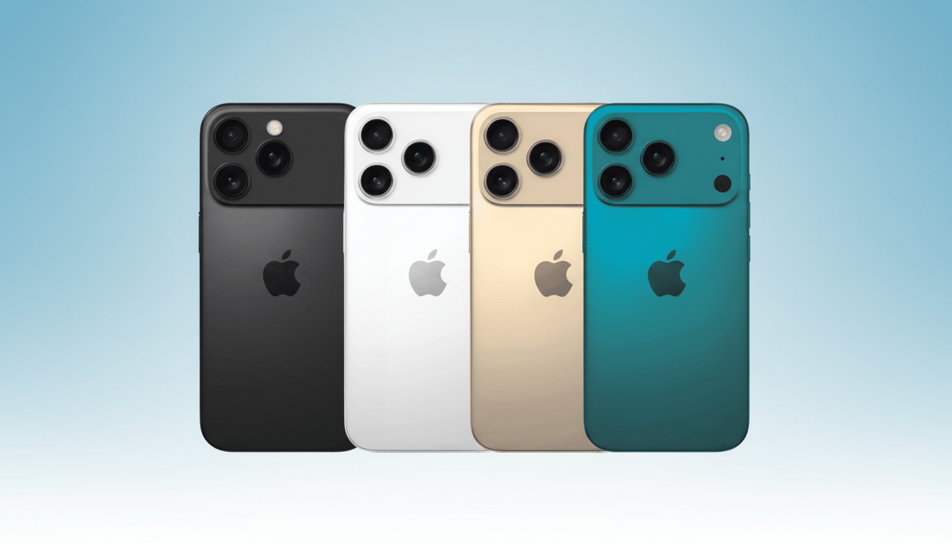 Four Apple iPhones, in black, white, gold, and teal, are arranged in a row, slightly angled, against a soft blue gradient background.