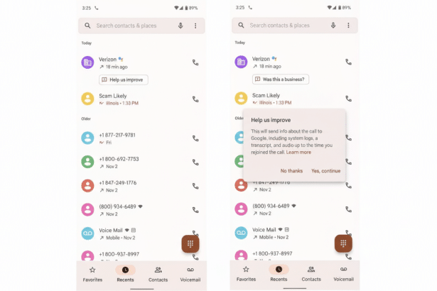 Two screenshots of a Google Phone app interface are shown side by side, resized to a 1 6:9 aspect ratio. The left screenshot displays a call history list , while the right screenshot shows a Help us improve pop- up over the call history.