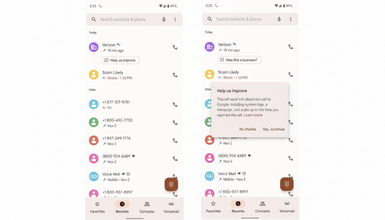 Two screenshots of a Google Phone app interface are shown side by side, resized to a 1 6:9 aspect ratio. The left screenshot displays a call history list , while the right screenshot shows a Help us improve pop- up over the call history.