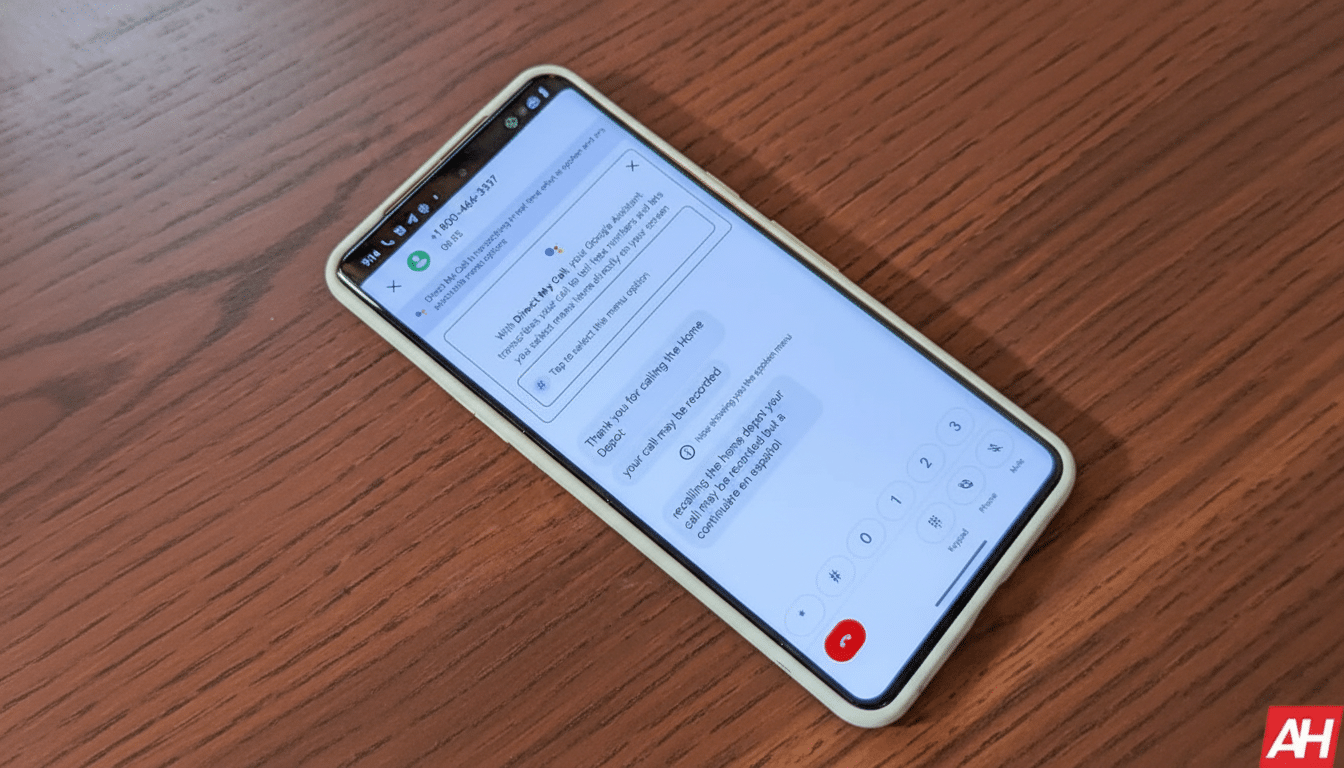 A smartphone displaying the Google Assistant 's Direct My Call feature during a phone call, trans cribing the conversation and showing selectable menu options.