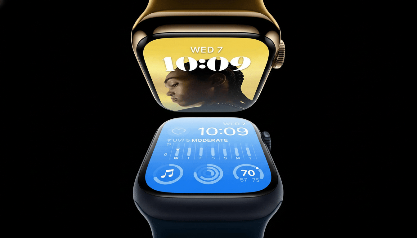 Two Apple Watches, one gold and one blue, with displays showing time, date, and health metrics, on a black background.