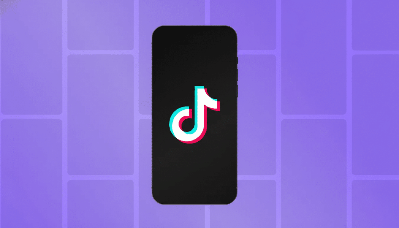 A professional image of a smartphone displaying the TikTok logo on its screen, set against a purple background with a subtle grid pattern, resized to a 16:9 aspect ratio.