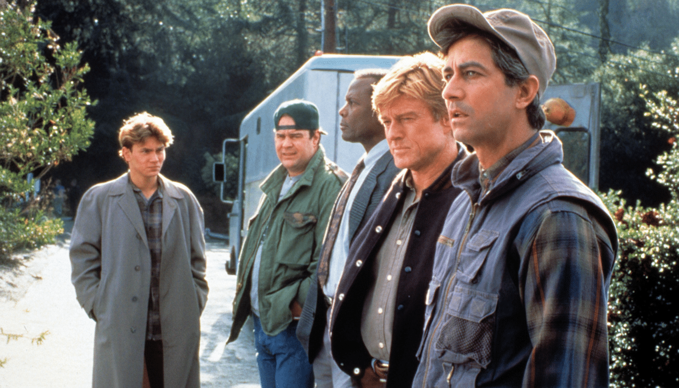 A group of five men standing outdoors, looking serious , with trees and a light- colored vehicle in the background. Filename : group ofmen out doors. png