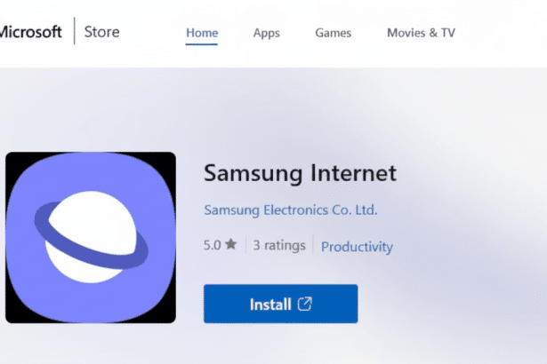 Screenshot of the Samsung Internet app page in the Microsoft Store, showing the app icon, title, developer, ratings, and an Install button.