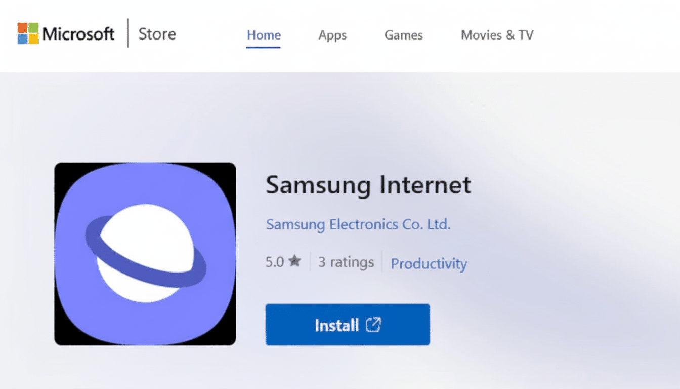 Screenshot of the Samsung Internet app page in the Microsoft Store, showing the app icon, title, developer, ratings, and an Install button.