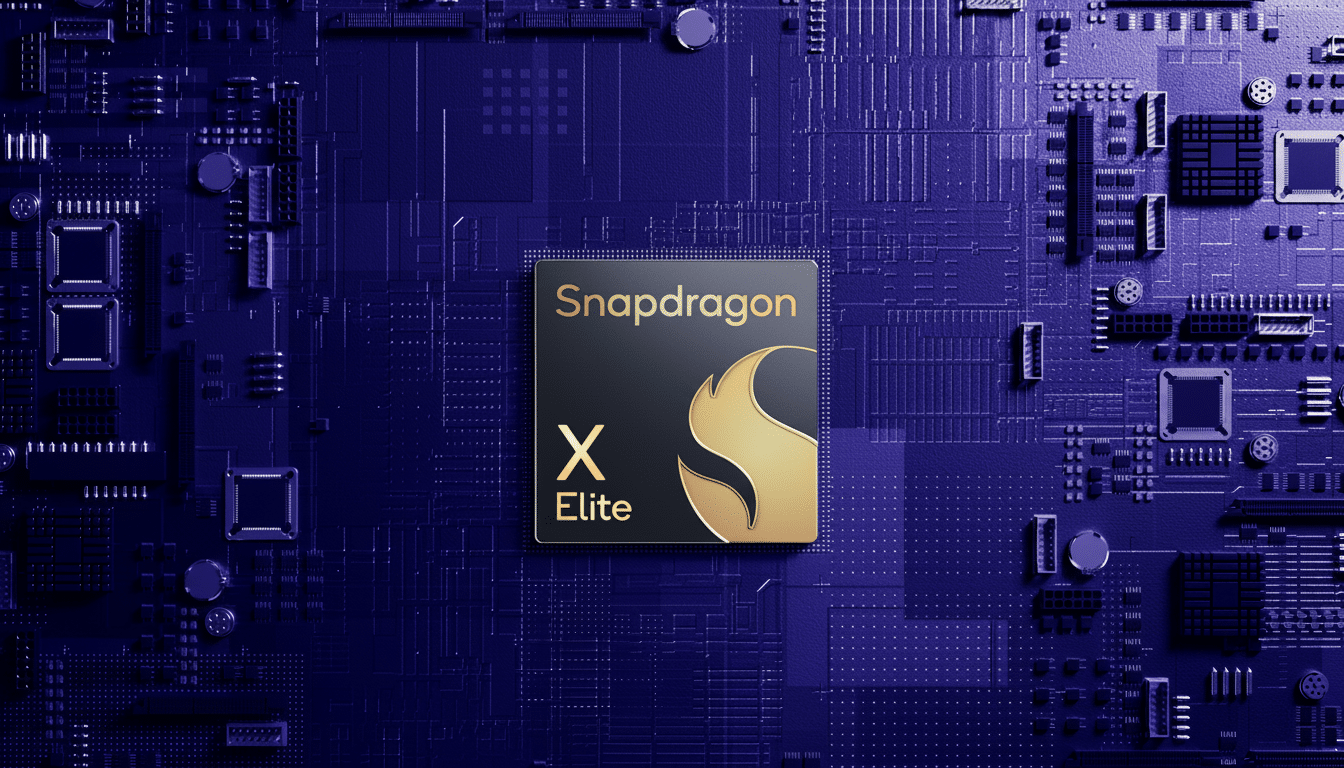 The Snapdragon X Elite chip , centered on a dark blue circuit board with various electronic components. Filename : snapdragon xelite chip. png