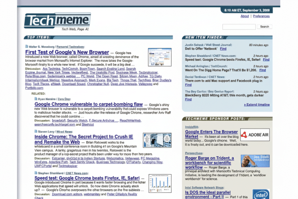 A screenshot of the Techmeme website from September 3, 200 8, showcasing news articles about technology. The layout includes TOP ITEMS and NEW ITEM FI