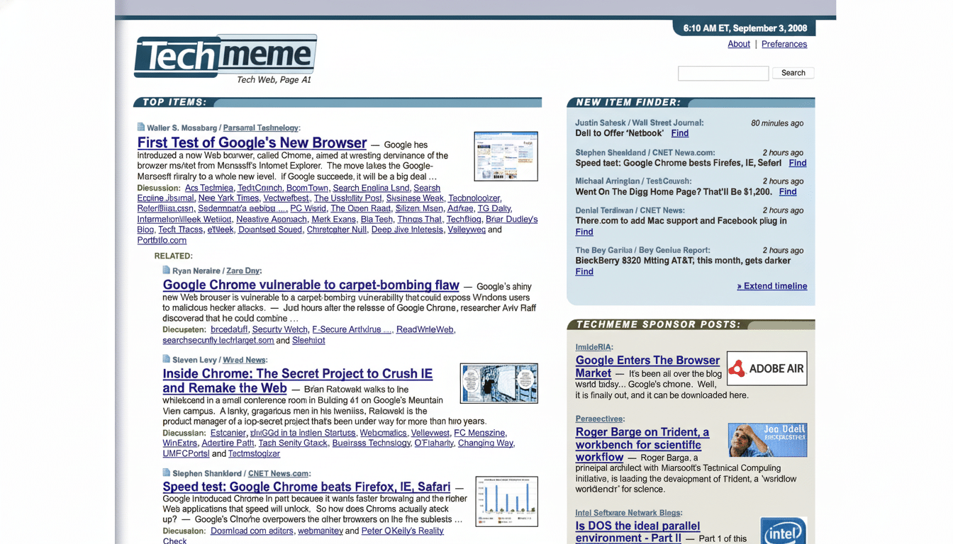 A screenshot of the Techmeme website from September 3, 200 8, showcasing news articles about technology. The layout includes TOP ITEMS and NEW ITEM FI