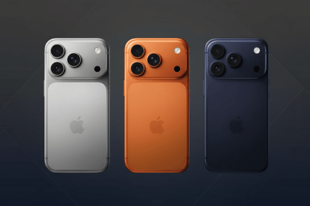 Three smartphones, silver, orange, and blue, are displayed on a professional dark grey background with subtle patterns, presented in a 1 6: 9 aspect r