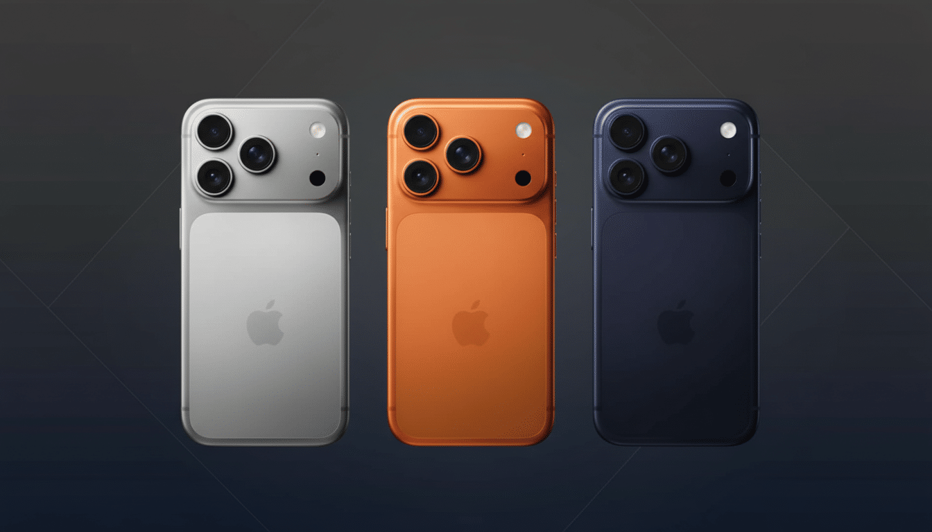 Three smartphones, silver, orange, and blue, are displayed on a professional dark grey background with subtle patterns, presented in a 1 6: 9 aspect r