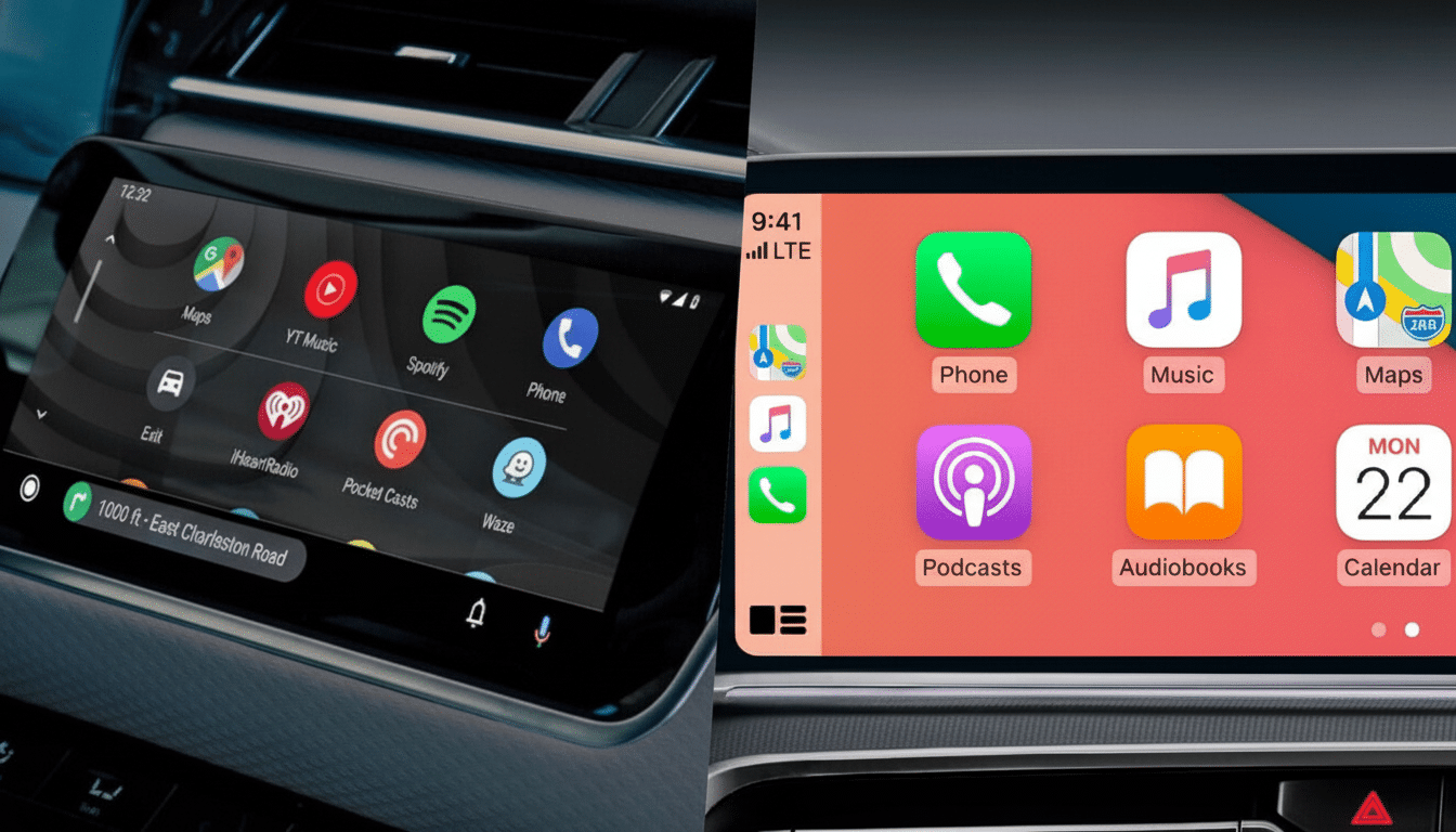 A split image showing two different car infotainment systems. The left side displays Google Maps and other Android Auto applications on a dashboard sc