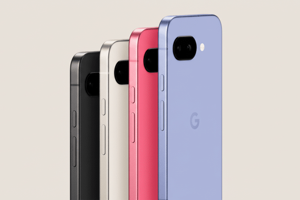 A row of four smartphones in different colors: black, light gold, pink, and light purple, all with a Google G logo on the back of the light purple pho