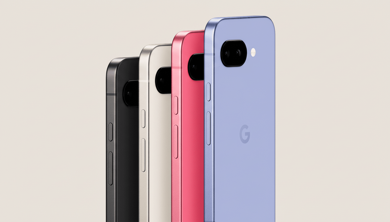 A row of four smartphones in different colors: black, light gold, pink, and light purple, all with a Google G logo on the back of the light purple pho