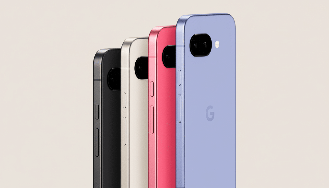 Four Google Pixel phones in black, beige, pink, and purple, arranged diagonally on a light background.