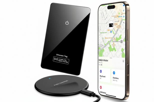 A black Umoven Tag and a black wireless charging pad are displayed next to an iPhone showing a map and the Find My app interface.