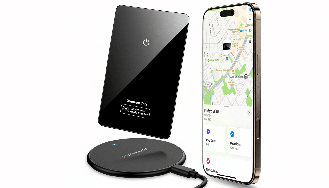 A black Umoven Tag and a black wireless charging pad are displayed next to an iPhone showing a map and the Find My app interface.