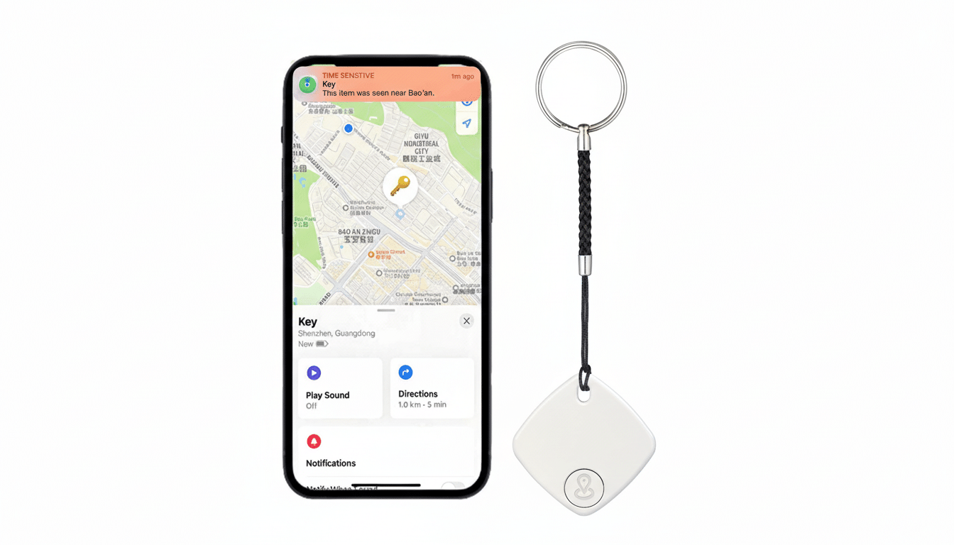 A white smartphone displaying a map with a Key location pin and a notification that reads This item was seen near Bao' an. Next to it is a white diamond -shaped key finder attached to a keyring with a black braided strap. Filename : keyfinder and app . png