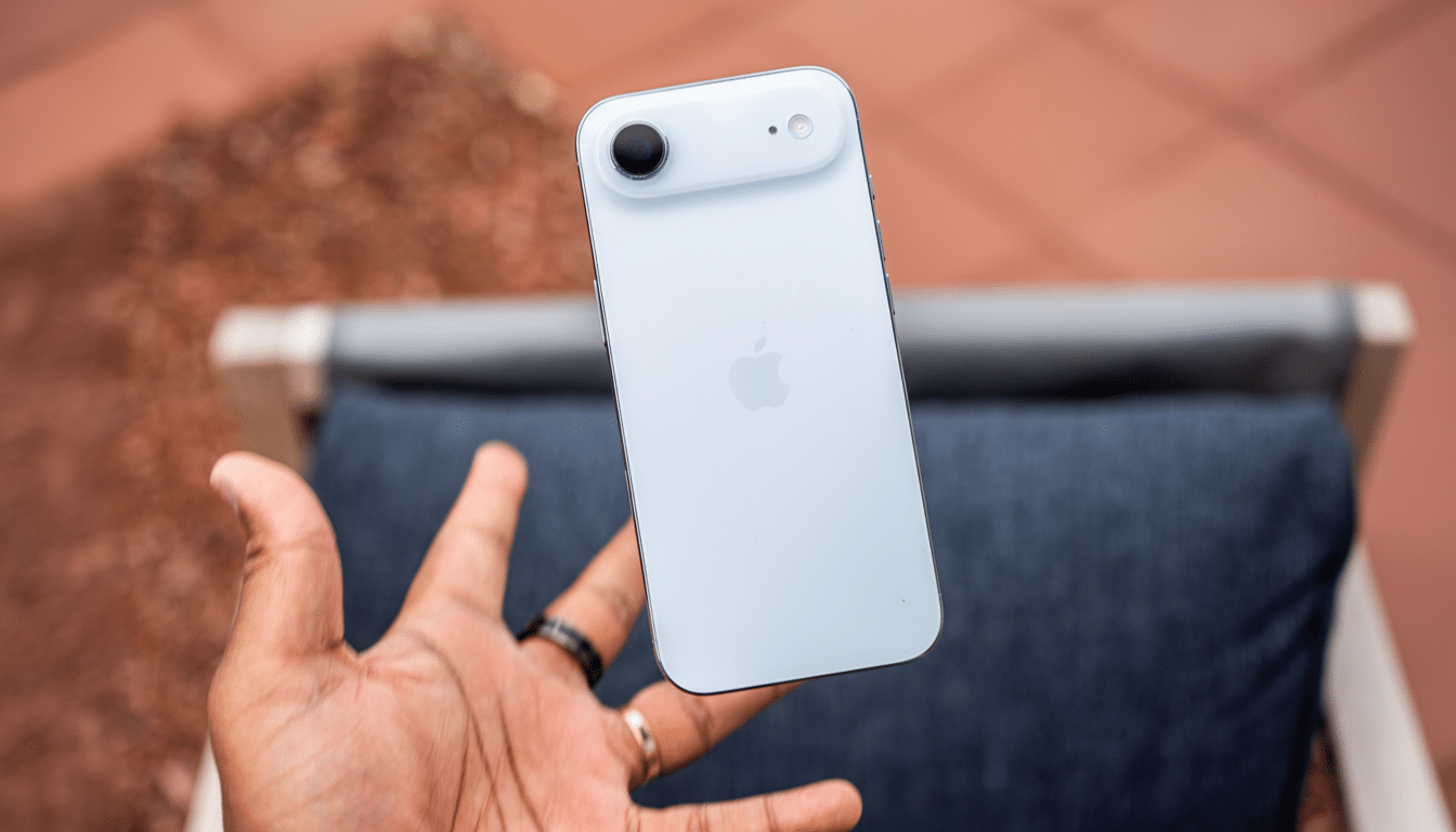 A hand holding a light blue iPhone against a blurred outdoor background.