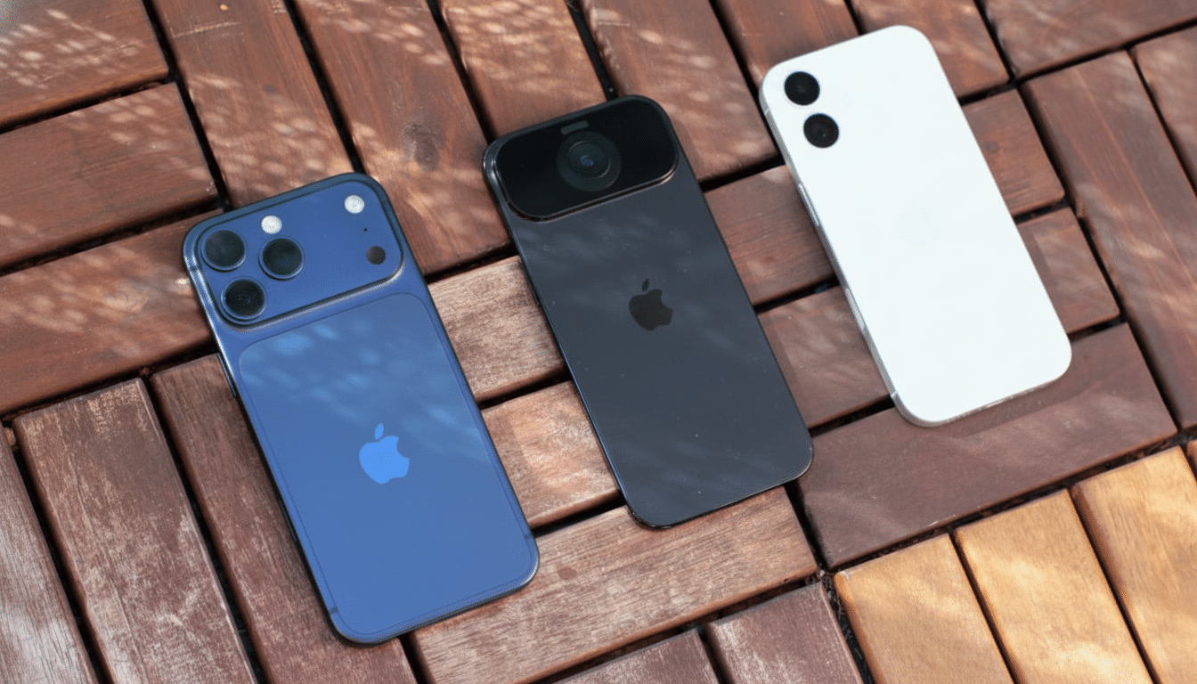 Three smartphones , one blue, one black, and one white, are displayed on a wooden surface with a 1 6:9 aspect ratio. Filename : three smartphones 16x 9. png