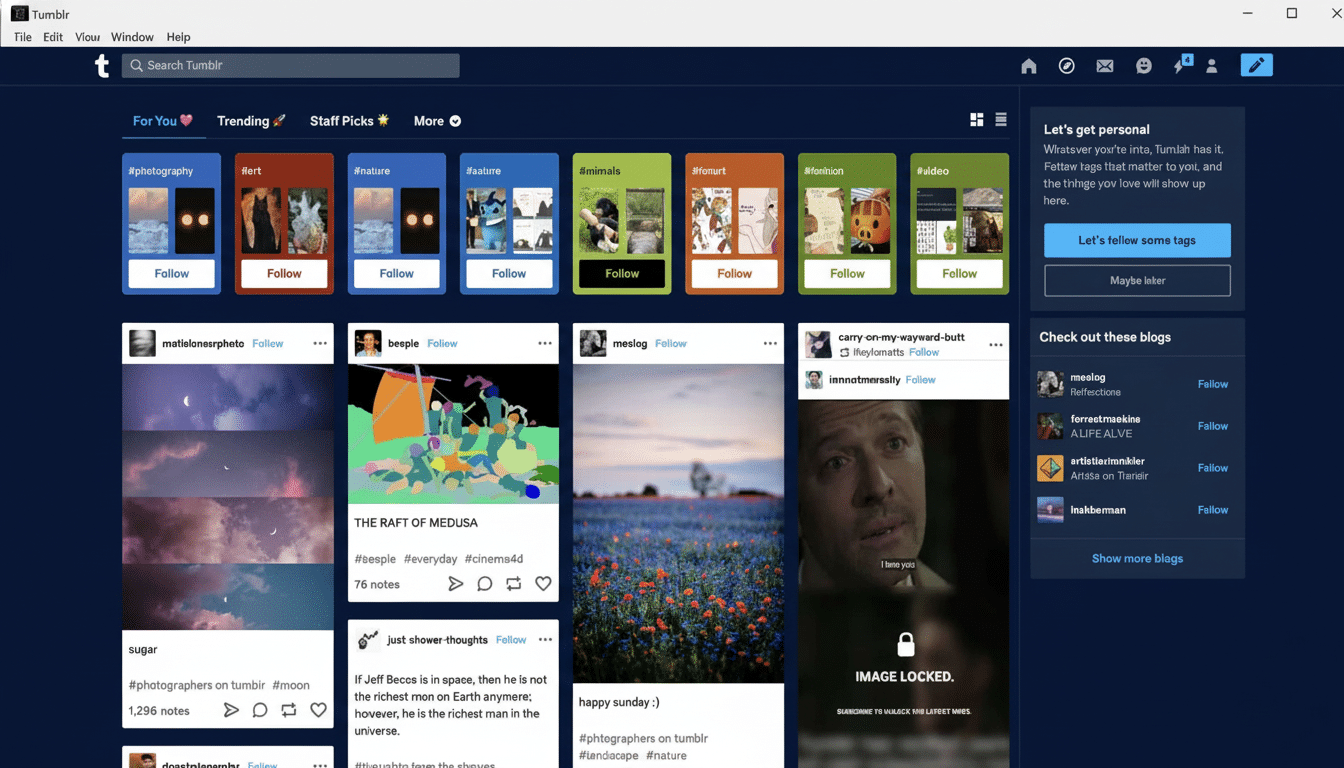 A screenshot of the Tumblr dashboard displaying various posts and content tags , resized to a 1 6:9 aspect ratio. Filename : tumblr dashboard16 9. png