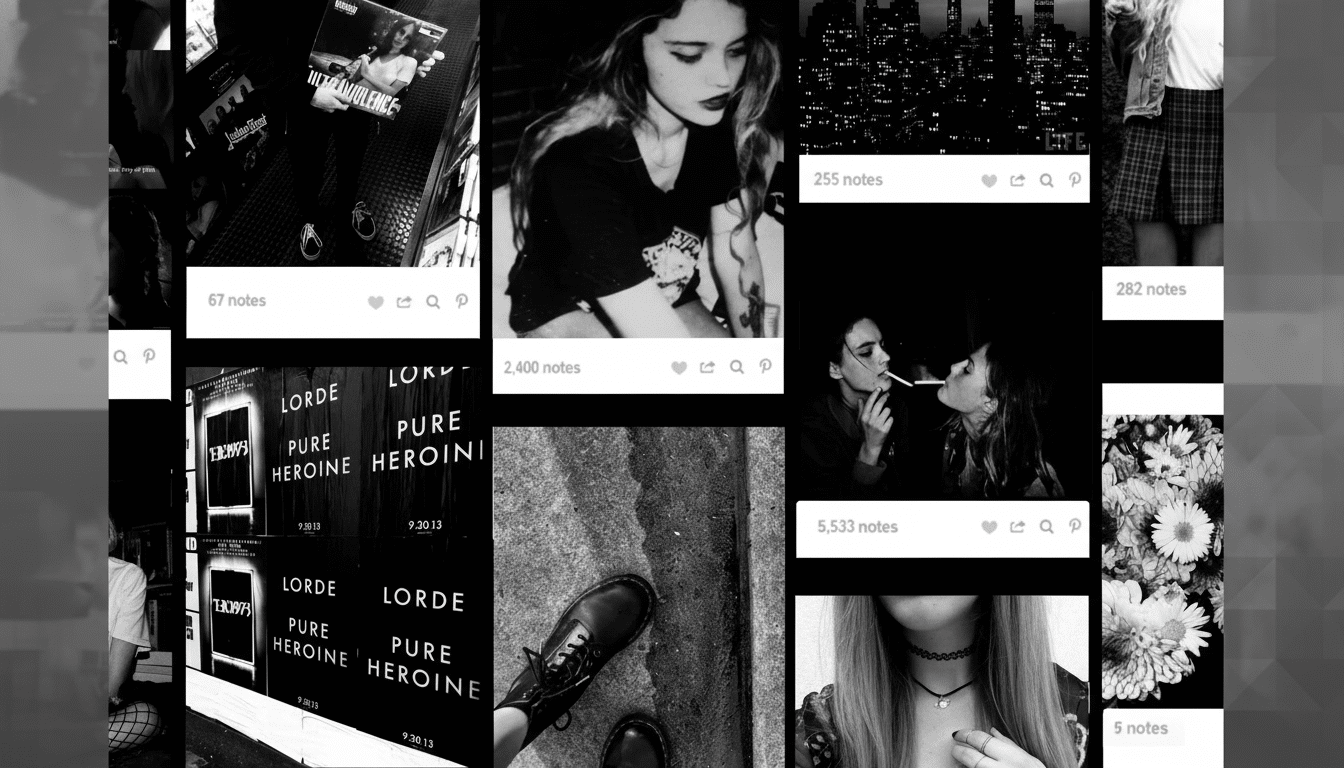 A collage of black and white aesthetic images, including portraits of people , urban landscapes, album covers, and details like shoes and flowers , resized to a 1 6:9 aspect ratio with an extended grey patterned background. Filename : black andwhite aestheticcollage . png
