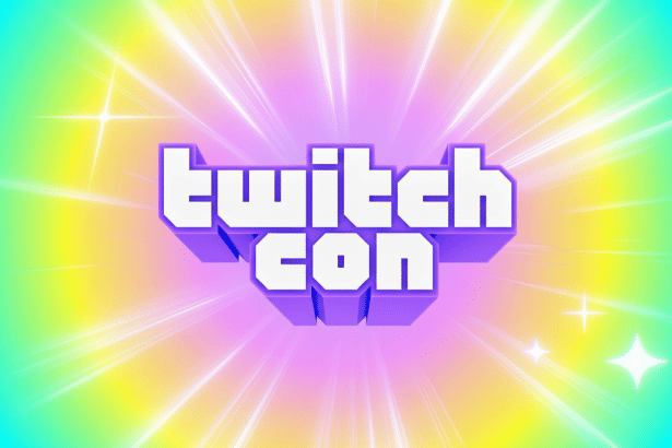 The TwitchCon logo in 3D purple text against a vibrant , star burst background of pink, yellow, and blue.