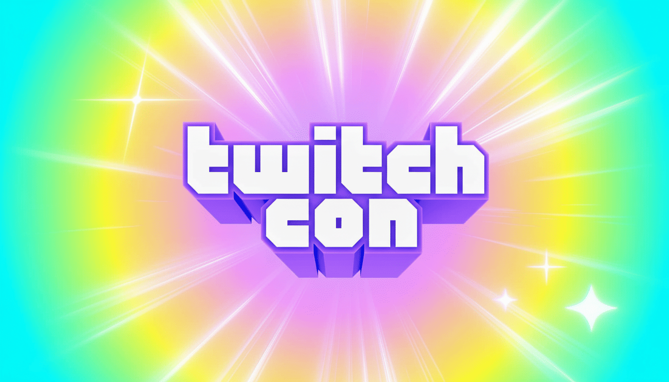 The TwitchCon logo in 3D purple text against a vibrant , star burst background of pink, yellow, and blue.