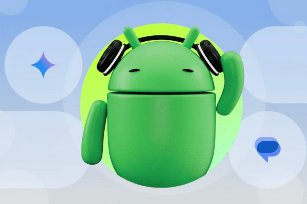 A 3D illustration of the green Android robot wearing black headphones, set against a professional soft gradient background with abstract shapes.