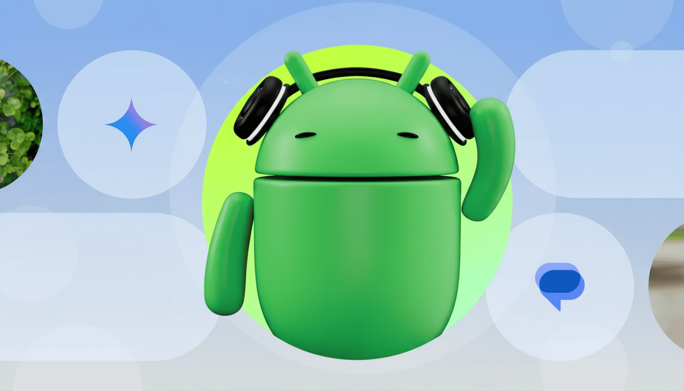 A 3D illustration of the green Android robot wearing black headphones, set against a professional soft gradient background with abstract shapes.