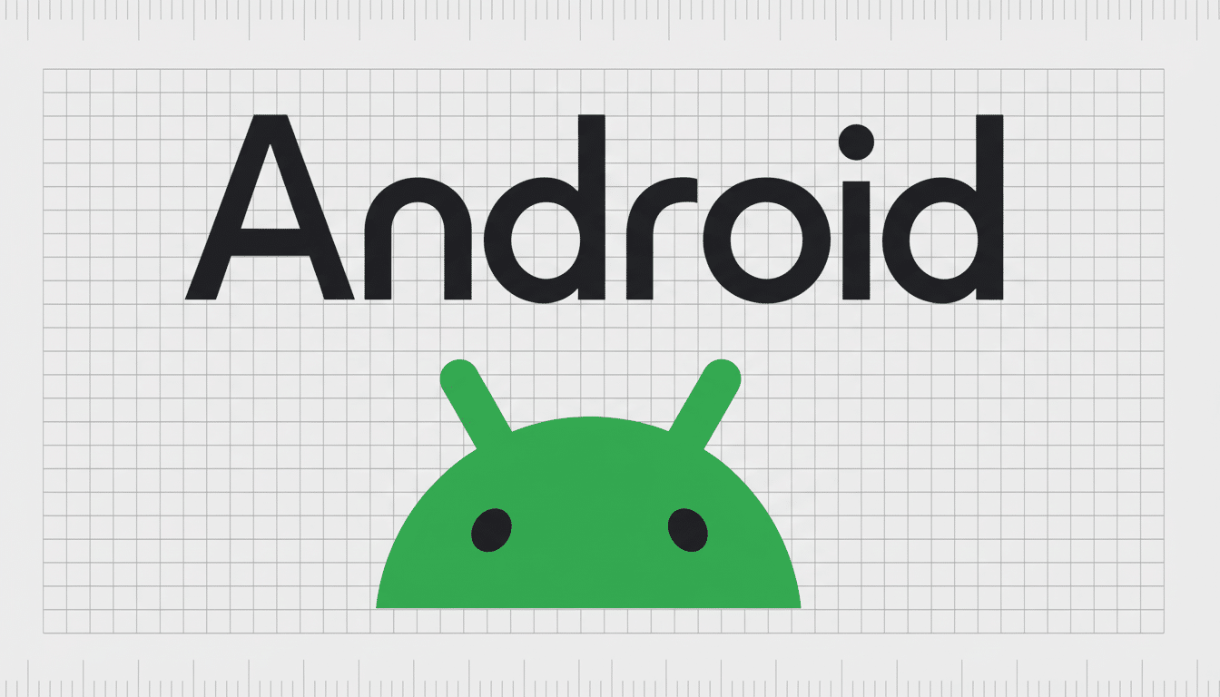 The Android logo, featuring the black Android word mark above the green Android robot head, set against a light grey grid background, resized to a 16: