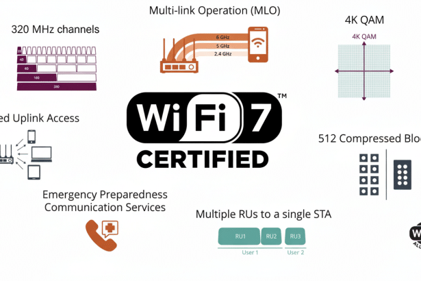 An infographic detailing the key features of Wi-Fi 7, including 32 0 MHz channels, Multi -link Operation ( MLO), 4K QAM , Triggered Upl ink Access, 512 Compressed Block Ack, Emergency Preparedness Communication Services , and Multiple R Us to a single STA. The central logo reads Wi-Fi 7 CERTIFIED .