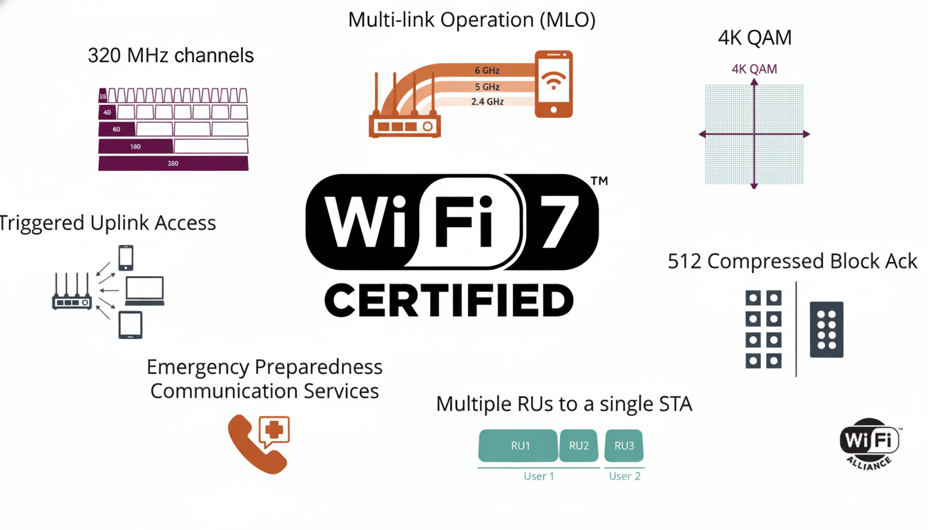 An infographic detailing the key features of Wi-Fi 7, including 32 0 MHz channels, Multi -link Operation ( MLO), 4K QAM , Triggered Upl ink Access, 512 Compressed Block Ack, Emergency Preparedness Communication Services , and Multiple R Us to a single STA. The central logo reads Wi-Fi 7 CERTIFIED .